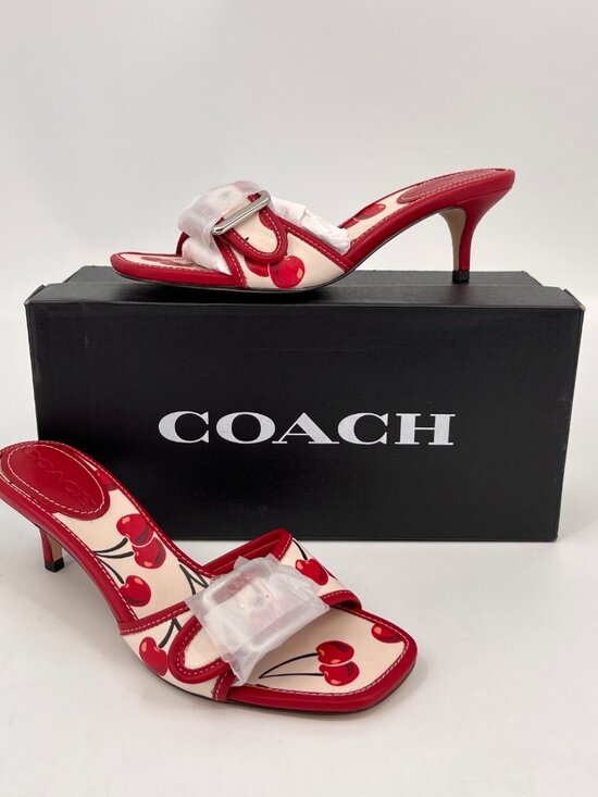 Coach Shoes - COACH Margot Sandal Red Cherry Print Leather Buckle Strap Kitten Size 6